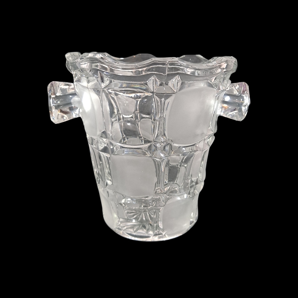 Vintage Bohemian Czech Crystal Ice Bucket With Handles Clear Glass Frosted